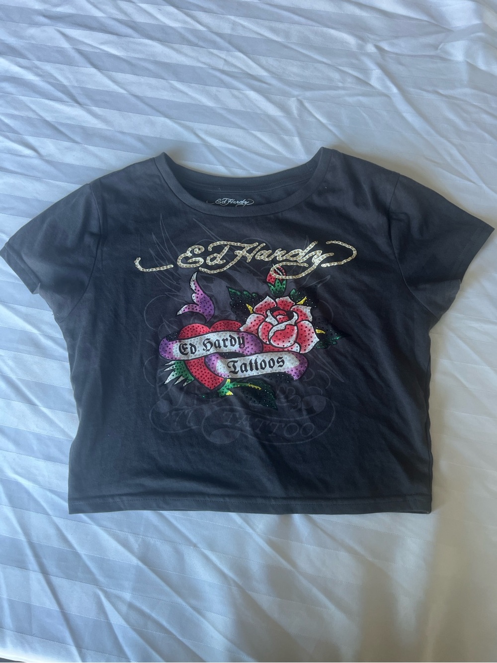 Ed Hardy Cropped Black Short Sleeve Tattoo Rose Graphic Tee